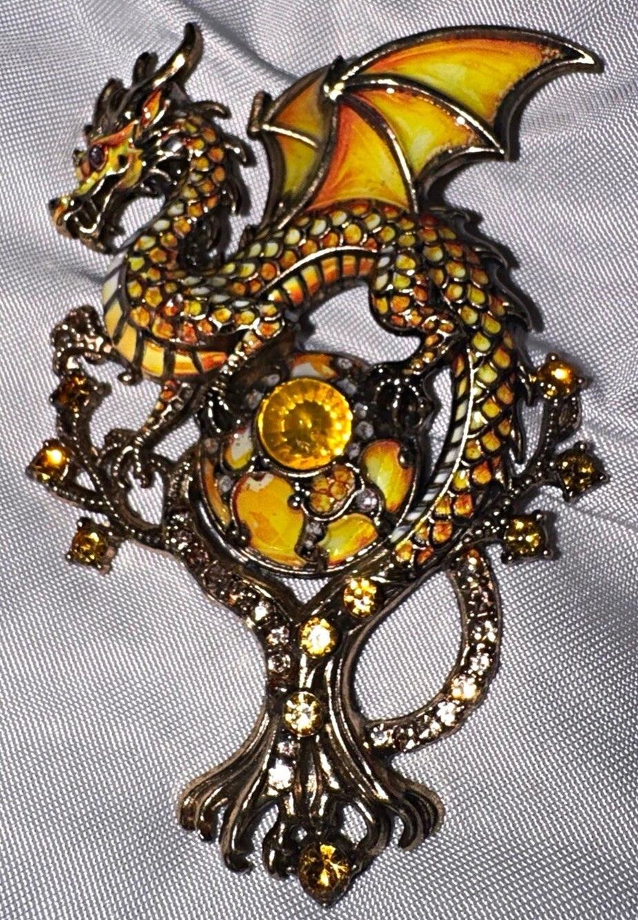 Large Dragon Brooch Yellow Enamel Rhinestone Fantasy Medieval Jewelry Pin NEW